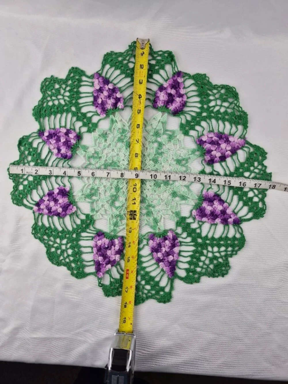 Vintage Large Crocheted Round Doily Green Leaf Raised 3D Purple Grape Clusters